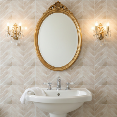Pedestal Sink met Ovale Spiegel en Crystal Sconces